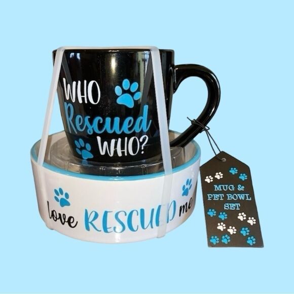 Coffee Mug and Pet Feeding Dish Bundle NWT Who Rescued Who - Picture 3 of 3